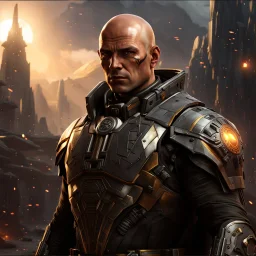 star wars bald male corellian pilot wearing pearlescent black and gunmetal grey First Order special forces heavy assault stealth commando armor and helmet with gold trim inside the jedi temple, hyperdetailed, dynamic lighting, hyperdetailed background, 8k resolution, volumetric lighting, light skin, fully symmetric details