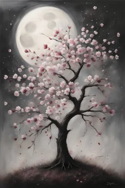 Acrylic painting of a slender cherry tree in bloom painted in isolation, with a lush crown of flowers, flower petals like fine splatters falling on the ground, moon light shining above it, dark background, muted colours, fine details, dream like, atmospheric, highly detailed tree
