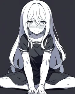 emotionless, numb, heartbroken, black and white, anime girl sitting with full black background