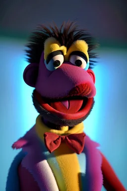 Waist up muppet Portrait, Nicolas maduro us muppet doll, Venezuelan president, tracksuit red blue and yellow, mustache, photo studio, red background, unreal engine 5, concept art, art station, ray tracing, lumen lighting, ultra detail, volumetric lighting, 3d.