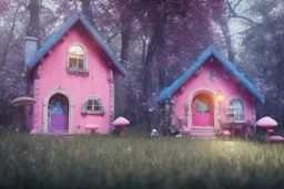 a cute pink and blue fairy house in the forest, spring time, mushrooms, 8k, flickering light, centered, high-quality, fine-detail, digital art, detailed matte, volumetric lighting, illustration, 3D octane render