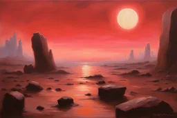 Pale red sky with one exoplanet in the horizon, rocks, mountains, 80's sci-fi movies influence, rodolphe wytsman impressionism paintings