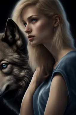 ultra realistic photograph of a very thin young woman with short blonde hair and blue eyes wearing a loose black teeshirt facing a large black wolf