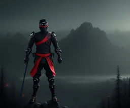 Ninja portrait, black suit, in the night Alps, angels background, volumetric red light, high detail, dark leaf tree, dark mountains in background, perfect, HR Giger style, holding sword