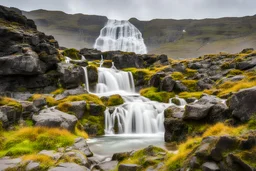 waterfall in summer with northern lights