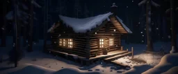 this small log cabin is snow covered at night Generative AI