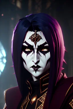Smirking gothic vampire, waist up portrait, gloomy, 8k resolution, intricate details, ornate details, soft lighting, vibrant colors, retroanime, masterpiece, intricate eyeliner, dark eyeshadow, eyes, intricate tattoos, Medieval background