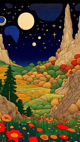 Many colors, peaceful, Egon Schiele, Max Ernst, night sky filled with galaxies and stars, rock formations, trees, flowers, one-line drawing, sharp focus, 8k, deep 3d field, intricate, ornate, one million strokes