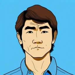 Illustration of a 35 year old Japanese man with with brown hair, frontview, blue background