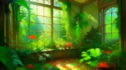 This image is a vibrant and colorful painting depicting an indoor garden scene. The foreground is filled with lush green foliage, including large, broad leaves and delicate hanging vines. The background features a glass-paned window, through which sunlight filters, casting a soft glow on the plants. The window is partially obscured by the dense foliage, adding a sense of depth and enclosure. The plants in the foreground are varied, some having large, serrated leaves, while others feature smaller