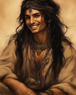 On a beige background, a young gypsy. dark, handsome, black eyes. Long, black hair. Beautiful, wide smile. Volumetric contrasting bright drawing with oil inks, high definition of drawing details. , ISO 9000, bright lighting, neon lighting. 125k. very beautiful professional photo. sharpness of the image. yltra HD fantastic art. minimalism. watercolor. 3d. Pixar . style Lee Bogle. David Taylor. ( Marlon Teixeira)