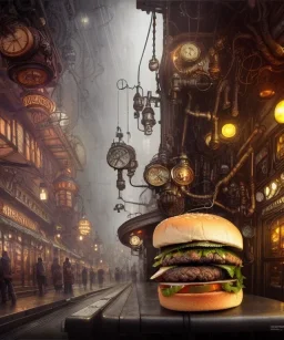 an intricately detailed digital illustration of a steampunk metropolitan city - scape inside of a steampunk double bacon cheeseburger, ultra realistic, concept art, intricate details, eerie, highly detailed, photorealistic, octane render, 8k, unreal engine. art by artgerm and greg rutkowski and charlie bowater and magali villeneuve and alphonse mucha