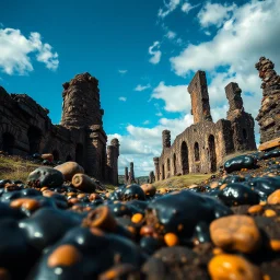 Photography close-up of a landscape with massive odd incomprehensible style, ruins, surrealism, glossy, organic, mass growing, Joan Miró, strong texture, fiotti di liquido nero, panic, obsessive, hypnotic, rotten, figures, blue sky, clouds, hasselblad h6d400c --ar 85:128 --v 6.0