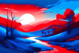 landscape in red and blue colors
