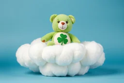 overstuffed white plushie stuffed toy clouds, a vintage good-luck-bear(care bear, Green) plush with tummy symbol(4 leaf clover) sitting on top of the cloud, blue background