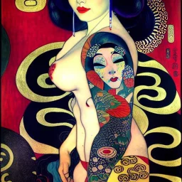 dibujo al oleo de cuerpo entero de una Geisha bella con tatuajes maorís estilo Gustav Klimt