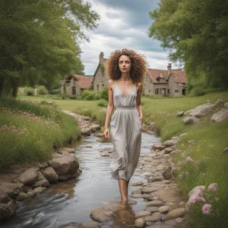 full body shot of a very beautiful lady curly hair, walks in the country side with a narrow river with clean water and nice rocks on floor. The trees and wild flowers pretty country houses ,nice cloudy sky.