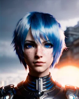 smirking Cyborg anime warrior, blue eyes, light blue hair, short and messy hairstyle, pierced ears, clear complexion, waist up portrait, 8k resolution, intricate details, ornate details, soft lighting, vibrant colors, retroanime, masterpiece, intricate eyeliner, dark eyeshadow, eyes, intricate tattoos, futuristic cityscape background