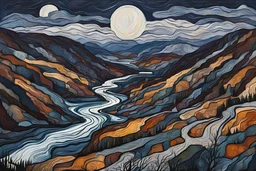 a dramatic painting of a lush Pacific Northwest river canyon landscape under a pale winter moon, in the Art Brut style of Jean Dubuffet, rich natural colors, museum quality masterpiece