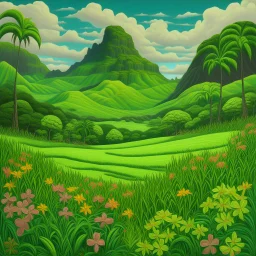 A green meadow with hills and flowers designed in Hawaiian tikis