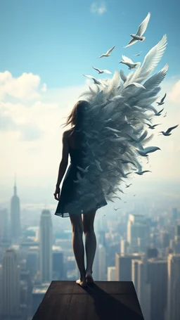 A symbolic, ethereal album cover. A woman is shown from behind, standing at the edge of a city rooftop or a cliff. Her human silhouette begins to dissolve and transform into a flock of birds or ethereal feathers at the edges, carried away by a strong wind. The city below is blurred, the sky ahead is vast. It's about release and becoming. Style: Digital painting, photo-manipulation, magical realism, soft and powerful.