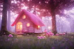 a cute pink and blue fairy house in the forest, spring time, mushrooms, 8k, flickering light, centered, high-quality, fine-detail, digital art, detailed matte, volumetric lighting, illustration, 3D octane render