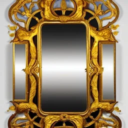 A 4K painting of A long ornate gold mirror. The mirror is fractured and broken into 100 symmetrical pieces