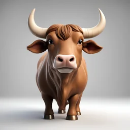 High-Definition 8k 3d cartoon rendering in hwst artstyle close-up on (pure white studio background:1.3) brown bull with horns with a soft smile