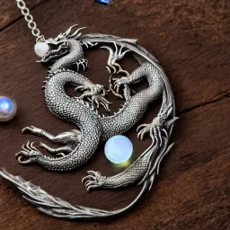 a gorgeous, stunning pewter necklace of a dragon clutching an illuminescent moonstone lying on a rustic wood table with crystal ball behind necklace, 8k resolution, high-quality, fine-detail, photorealistic, intricate, digital art, detailed matte, volumetric lighting, illustration, 3D octane render, brian froud, howard lyon, selina french, anna dittmann, annie stokes, lisa parker, greg rutowski, George Grie, Ben Goossens, Igor Morski