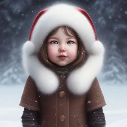 Portrait of girl child with brown hair and with cute face, north pole snowy vibe , perfect composition, hyperrealistic, super detailed, 8k, high quality, trending art, trending on artstation, sharp focus, studio photo, intricate details, highly detailed, by greg rutkowski