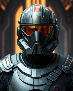 star wars bald male corellian pilot wearing pearlescent black and gunmetal grey First Order special forces heavy assault armor and full face helmet with gold and metallic red visor and trim inside the jedi temple, centered portrait, hyperdetailed, dynamic lighting, hyperdetailed background, 8k resolution, volumetric lighting, light skin, fully symmetric details