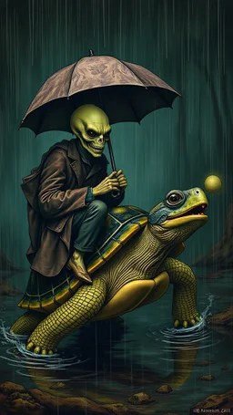 Hieronymus Bosch style nightmares a man with alien face riding a turtle carrying in umbrella in rainy sft