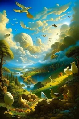 The creation of the world by God. In front of us is a valley with a beautiful landscape, where beautiful animals roam, beautiful birds fly in the sky, beautiful clouds and God in the clouds