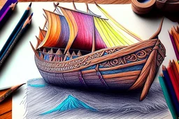 Viking boat drawing with colored pencil, Ultra realisic, Ultra detailed, Very professional drawing, Art, colorfull, vikings, old