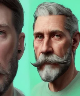 "MIddle aged white human male, with a trimmed but uneven beard, piercing green eyes with slick back hair head and shoulders portrait, 8k resolution concept art portrait by Greg Rutkowski, Artgerm, WLOP, Alphonse Mucha dynamic lighting hyperdetailed intricately detailed Splash art trending on Artstation triadic colors Unreal Engine 5 volumetric lighting Splash art fantasy"