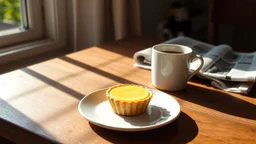 A single delicates tart cake filled citrone creme on a small ceramic plate on a wooden table. A steaming mug (possibly coffee or tea) and a folded newspaper are also on the table. Natural, warm sunlight streams in from a window on the left, casting pleasant shadows and creating a cozy, relaxed morning atmosphere