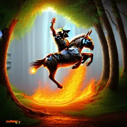 donkey jumping through ring of wood on fire, fantasy art