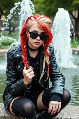 Gothic style rebel woman teenager, pretty and arrogant, red hair and black shiny round sunglasses, leather jacket, edgy bohemian outfit, combat boots, captivating grey eyes, white hair styled in intricate braids, playful and mischievous demeanor - depicted sitting at the edge of a fountain in a city green park, vibrant punk street fashionista, high realistic