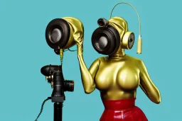 Tendril-gas-mask-Synthesizer-proboscis. Golden to cyan surfaces body, latex. skin is white hard plastic material. Cyborg. Metallic headphones and speakers, Old-fashioned cameras integrated to heads. Perfect body, thick thighs and calves. simple face. Wide hip, red fabric skirt bleats nicely. Partly symmetrical. Golden ratio. Space-corrosion, rusty and decayed background. Steam-machines-plunge-air-bottles. Blue euclidean 3D-tiling moth surveillance walls. Oppressive atmosphere