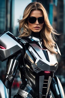 super model pretty woman,fashion style, good body, big bubs, blonde longer hair, bad mode, high performance robot costume, robotic suit, woman inside, sunglasses, hood, black and chrome shining paint, led lights, good A.I. Interpretation, transformers inspiration, Autobots,high definition photo, intrincate details, HD, darknight background.