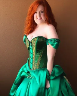 princess with long auburn hair green eyes wearing a big dark teal green and gold satin ballgown corset off shoulder top casting magic full body and head