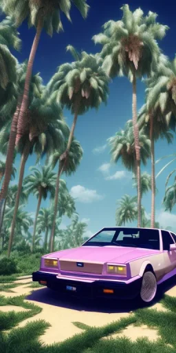 1980's aesthetic vaporwave palm trees with spheres and car