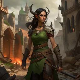 a beautiful tiefling women with dark hair in a sleeveless battle outfit, amidst the ruins of a medieval town destroyed by war