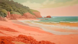 A light rosy orange colored beach near a cove painted by Qiu Ying