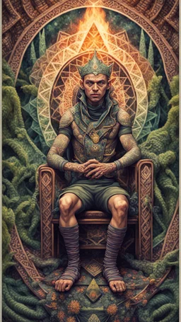 mandala style framed playing card illustration, close up portrait of an ace happy blessed ancient magical scaly slimy weird yoga elf mad max soldier posing for photo shoot on a throne, holding a burning sceptre, in a space alien mega structure with stairs and bridges woven into a sacred geometry knitted tapestry in the middle of lush magic jungle, bokeh like f/0.8, tilt-shift lens 8k, high detail, smooth render, down-light, unreal engine, prize winning