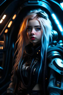 portrait of beautiful billie eilish as a space fighter, warhammer 40k, long messy hair, pale eyes, dressed in a revealing, ornamented lace corset, shoulders and belly, warrior, sci-fi, modern, standing on a space ship, cinematic lighting, highly detailed face, very high resolution
