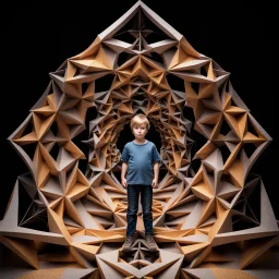 a 3d structure fractal based on tiangles with small spheres at joints ,with a 8 years old boy standing in center