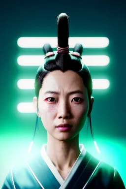 portrait, Asian woman samurai warrior :: symmetry photography, cyberpunk style :: punk hair, army, japanese traditional ornaments, pink, white, black, led wires, glow eyes, cinematic, Ultra realistic, dark scene, soft color, highly detailed, unreal engine 5, RTX, ultra detail, 3d, finely drawn, high definition.