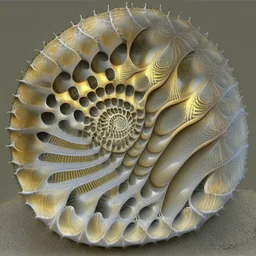 finely geometrical fractal shell, nautilus regular logarithmic spiral geometrically --v 5 --arFibonacci