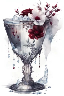 watercolor draw gothic vintage glass with ice, dark red with flowers, white lace and rubies, white background, Trending on Artstation, {creative commons}, fanart, AIart, {Woolitize}, by Charlie Bowater, Illustration, Color Grading, Filmic, Nikon D750, Brenizer Method, Side-View, Perspective, Depth of Field, Field of View, F/2.8, Lens Flare, Tonal Colors, 8K, Full-HD, ProPhoto RGB, Perfectionism, Rim Lighting, Natural Lightin